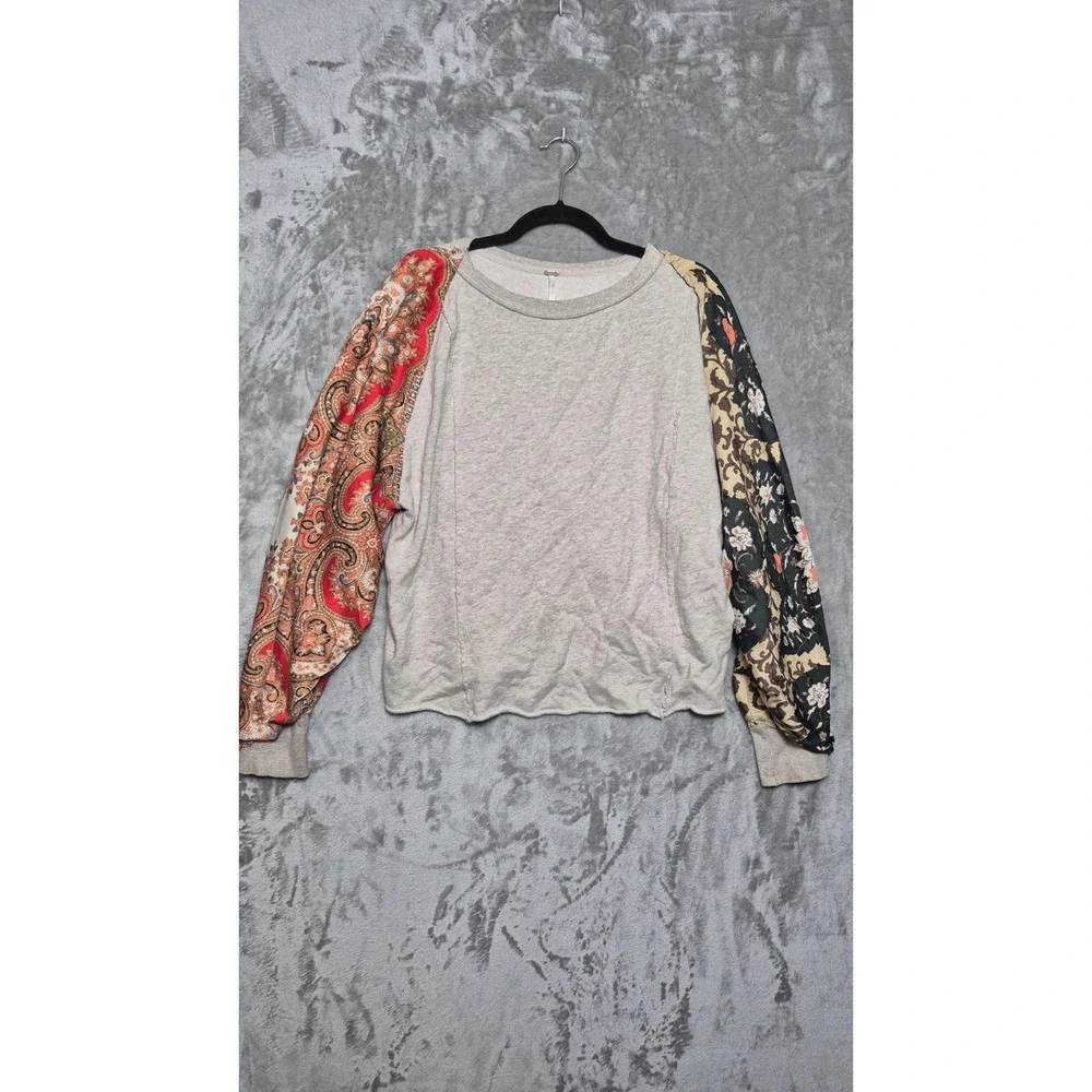 Free People Mixed Print Balloon Sleeve Sweatshirt Heather Grey Floral Paisley S
